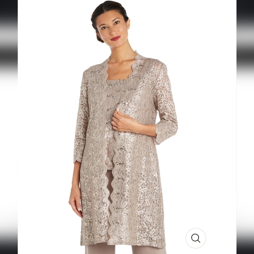 NWT R&M Richards Metallic Lace Tank Top with Sheer Lace Jacket in Champagne 4P
